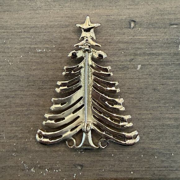 Vintage Christmas Brooch Tree Rhinestone Pearl pin gold tone MCM Holiday Star - Picture 3 of 6